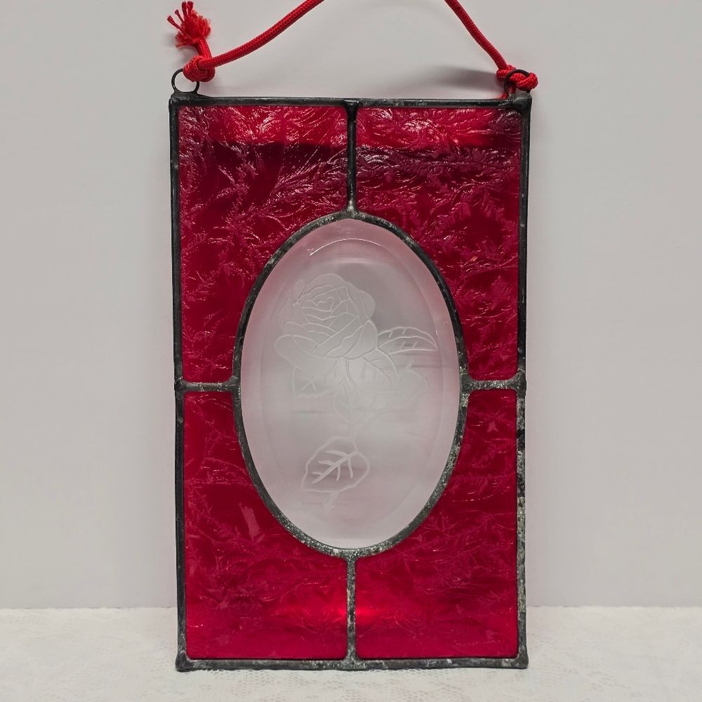 Vintage MCM Stained Glass Red And Clear Rose Suncatcher Window Panel